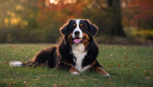 Bernese Mountain Dog Lying on Grass in Autumn Light
