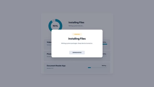 Installing Files System Upgrade Progress Bar Interface with Info Modal Notification Window in Minimalist Style UI Design