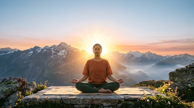 Woman meditating in lotus position on mountain peak during sunrise