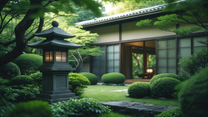 Obraz premium Traditional Japanese Garden Lantern in Serene Zen Garden Setting