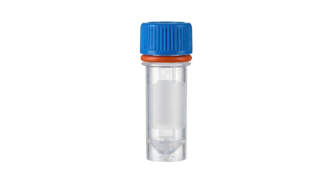 Transparent plastic laboratory cryovial sample tube with a blue screwcap and orange Oring for medical analysis transparent background