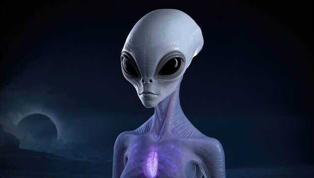 Alien Creature with Large Eyes Standing Against a Dark Cosmic Background