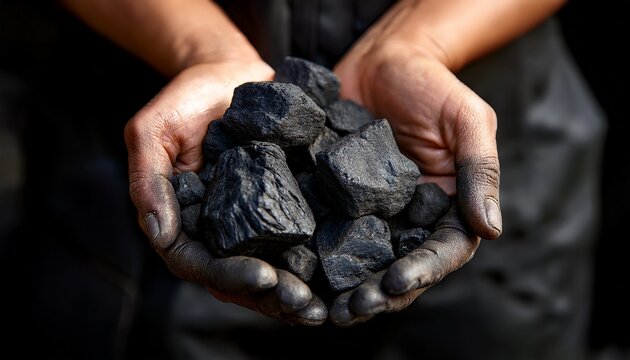 close up of miner hands holding chunks of black coal fossil fuel