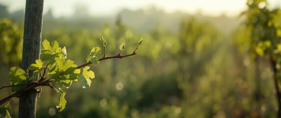 Obraz premium Vineyard Grape Leaves Growing on a Sunny Morning with Soft Focus