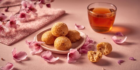 Fototapeta premium Sweet Pastries on a Plate with Cherry Blossom Petals and a Glass of Tea