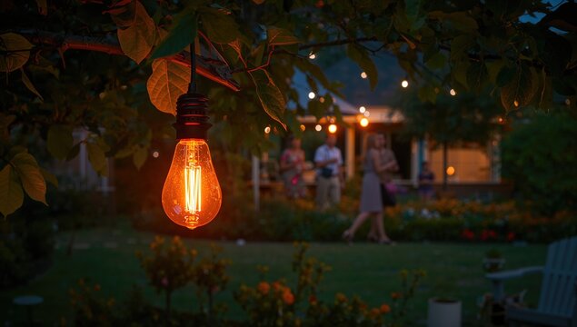 Glowing Edison Bulb Hanging in a Garden During Evening Gatherings