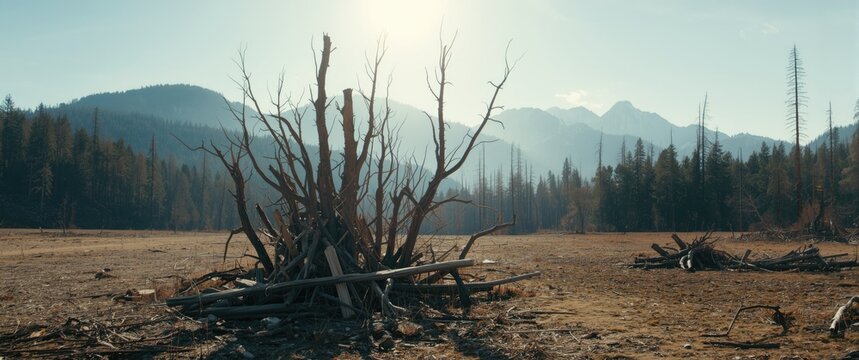 Dead Tree Stump at Sunset in a Barren Mountain Landscape
