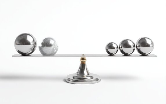 Metallic spheres rest upon a balance scale against a white backdrop. The spheres' sizes and quantities are visually asymmetric