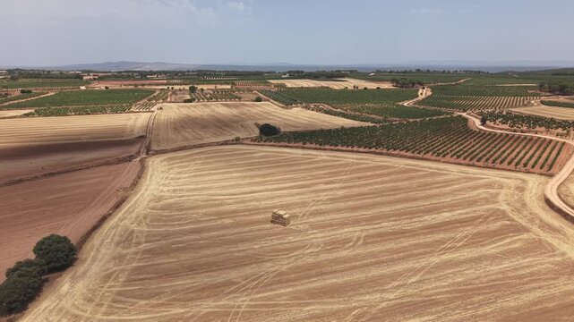 Single stack of hay bales on harvested wheat field viewed from drone