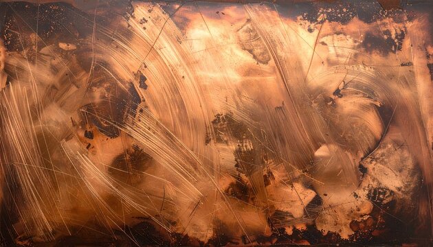 Close-up of a weathered, brushed copper surface with dark oxidation, creating a textured abstract background