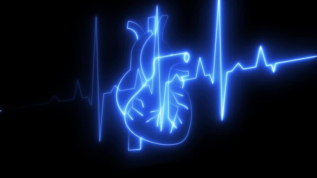 ECG monitor beating heart with a neon electrocardiogram overlay, featuring dynamic HUD elements. Glowing neon red heartbeat line 4k neon light heartbeat display screen medical research.