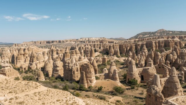 Unique Rock Formations in a Desert Landscape Under Clear Blue Sky