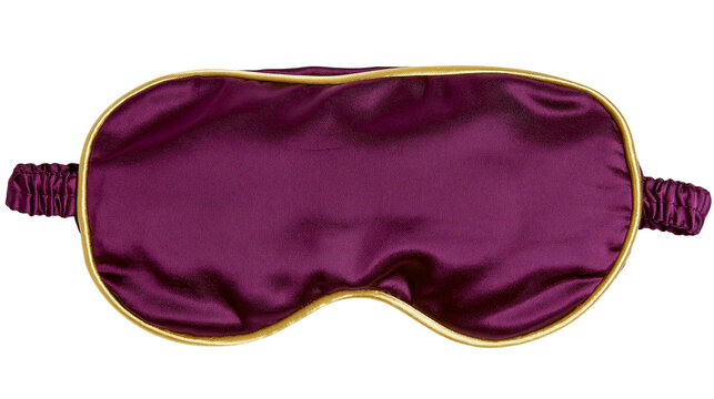 Deep purple satin sleep mask with gold trim, isolated on transparent background