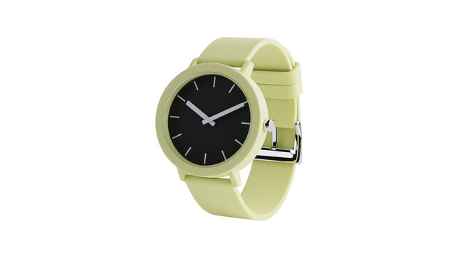 Pale yellow wristwatch with black face and silver buckle, isolated on transparent background