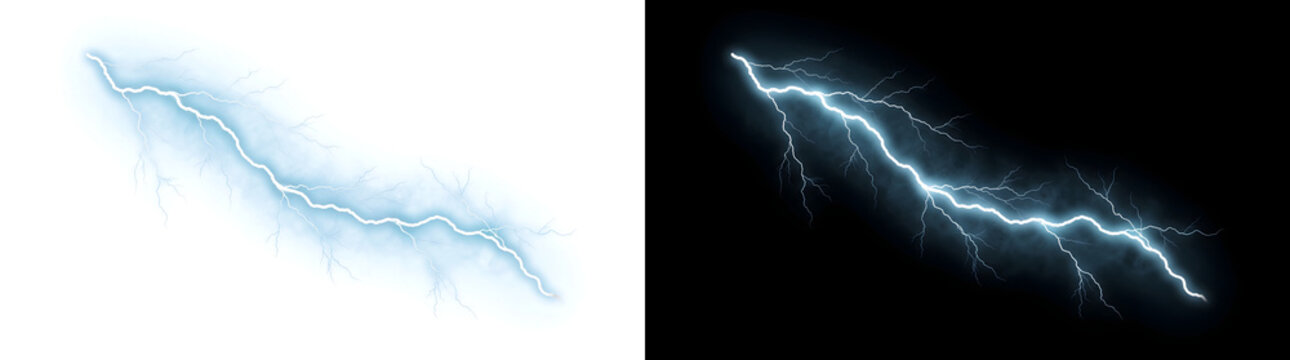 Blue lightning bolt striking diagonally with branching electric currents and a bright glowing charge for cinematic design projects in PNG, Transparent and Black Background Versions
