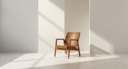 Fototapeta premium Wooden Lounge Chair in Minimalist Interior with Soft Natural Light