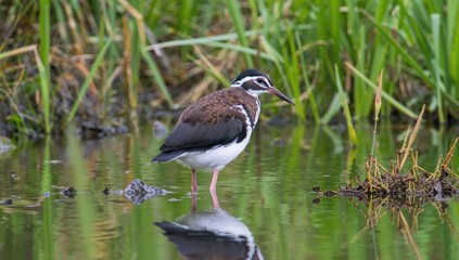 Fototapeta premium Bird Standing in Shallow Water Among Green Grass in Natural Habitat