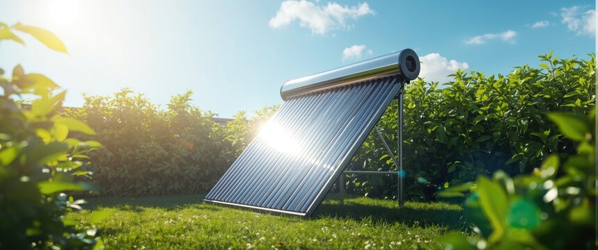 Solar Water Heater Panel on Green Lawn Under Bright Sunny Sky