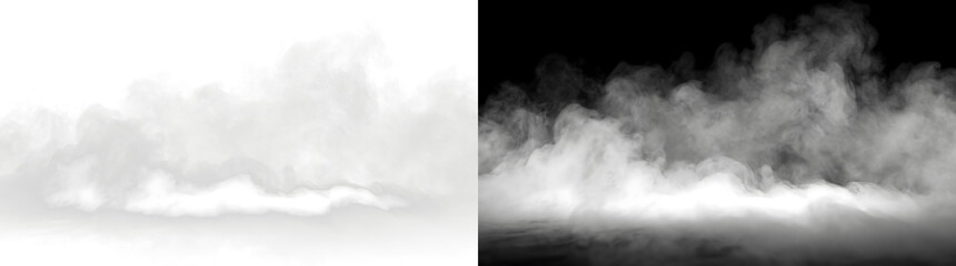 Dense fog layer covering the ground with thick billowing smoke clouds rolling along the horizon for cinematic design projects in PNG, Transparent and Black Background Versions © Nyxthrasza