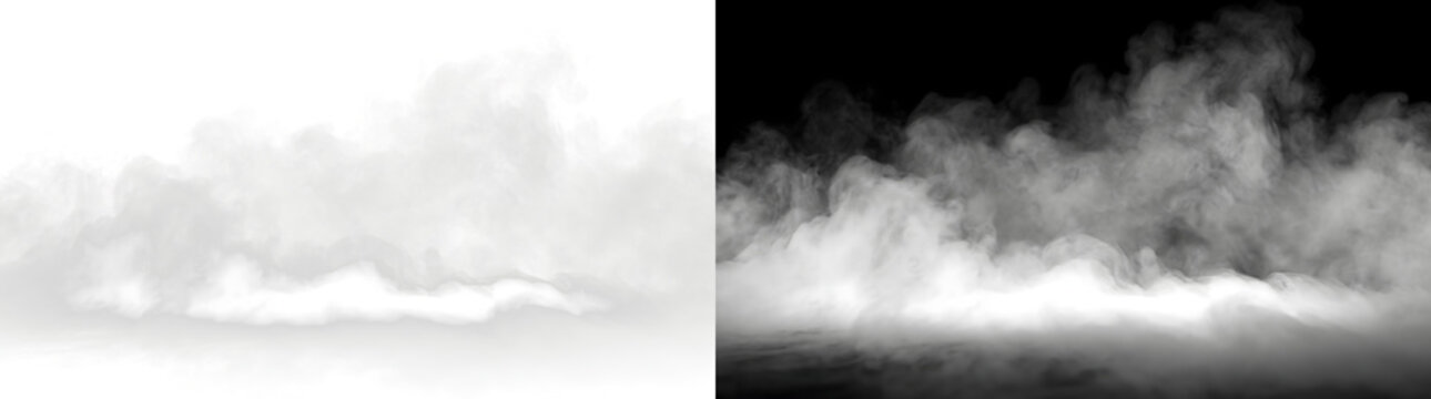 Dense fog layer covering the ground with thick billowing smoke clouds rolling along the horizon for cinematic design projects in PNG, Transparent and Black Background Versions