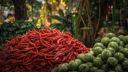 Fototapeta premium Vibrant Red Chilies and Green Watermelons at a Market Stall