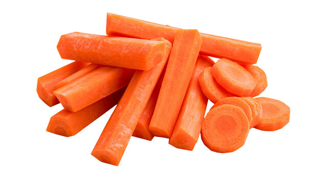 Freshly cut orange carrot sticks and slices, isolated on transparent background
