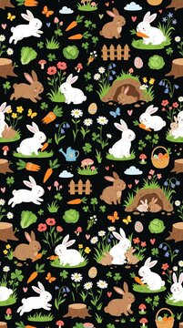 Easter Bunny Spring Pattern With Bunnies And Flowers