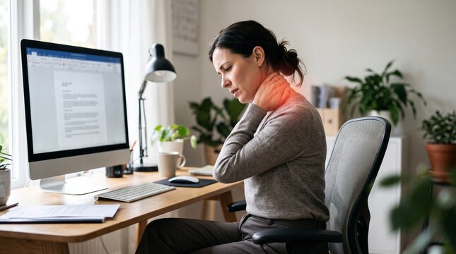 Woman suffering from neck and shoulder pain in home office