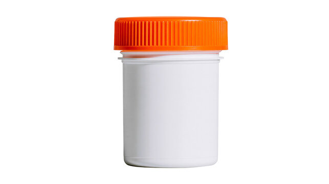 Small white plastic container with ribbed orange screw-on lid, isolated on transparent background