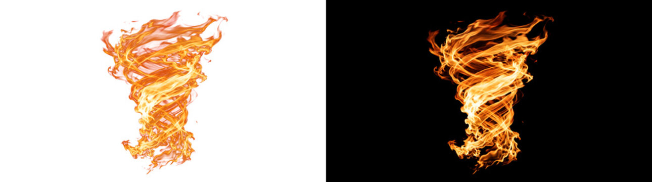 Fire tornado vortex twisting upward with spiraling flame ribbons and an intense burning column for cinematic design projects in PNG, Transparent and Black Background Versions