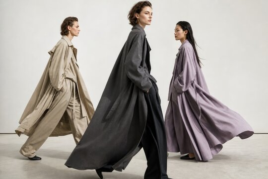 Three stylish women walking down minimalist runway showcasing oversized draped coats in neutral tones, modern fashion show with soft studio lighting and clean white background