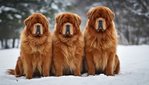 Three Tibetan Mastiffs Sitting Together on Snowy Ground in Winter Setting