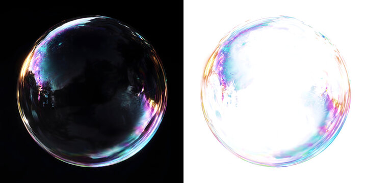 Giant soap bubble with vivid iridescent reflections shining across a glossy transparent surface for creative design projects in PNG, Transparent and Black Background Versions