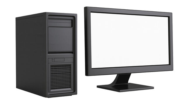 Black desktop computer tower and monitor, isolated on transparent background