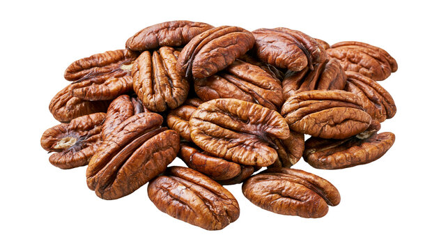 Pile of whole raw pecan nuts, isolated on transparent background