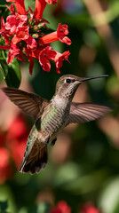 Naklejka premium hummingbird in flight capturing nature’s delicate beauty, vibrant hummingbird hovering near flowers in a natural habitat, closeup view of a graceful hummingbird with colorful feathers