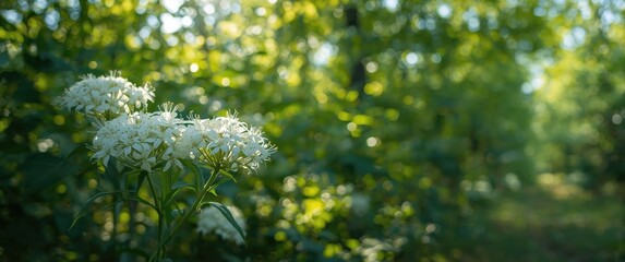 Obraz premium White Flowers Blooming in a Lush Green Forest with Soft Sunlight