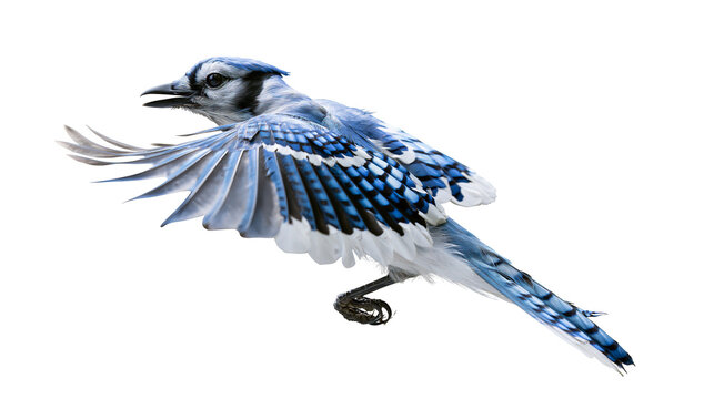 Blue jay bird with spread wings in flight, isolated on transparent background