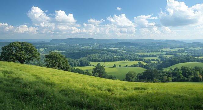 Lush Green Rolling Hills Under a Blue Sky with Dramatic Clouds