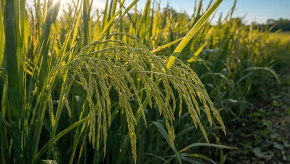 Obraz premium Ripening Rice Grains in Lush Green Field Under Sunlight