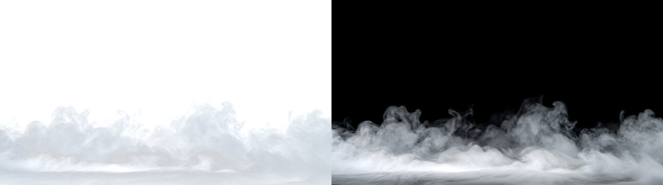 Ground fog and swirling smoke rolling along the horizon with dense misty clouds for cinematic design projects in PNG, Transparent and Black Background Versions