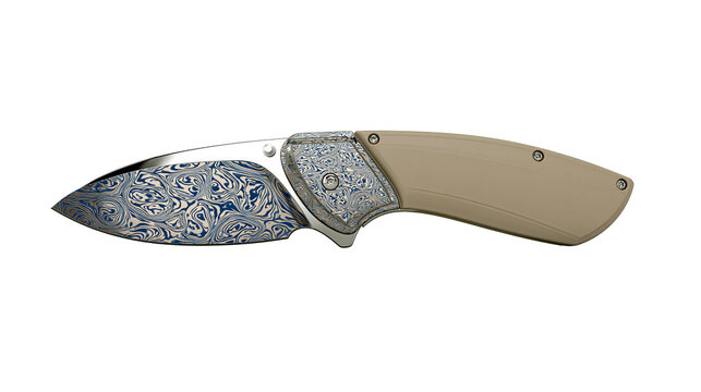 Engraved Damascus steel folding knife with tan handle, isolated on transparent background