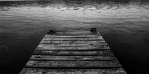 Obraz premium Wooden Dock Extending Into Calm Water in Black and White