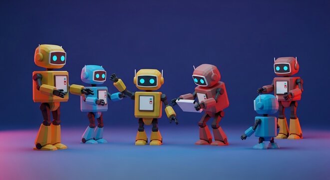 夜の会議：色彩豊かなロボットたちの集い