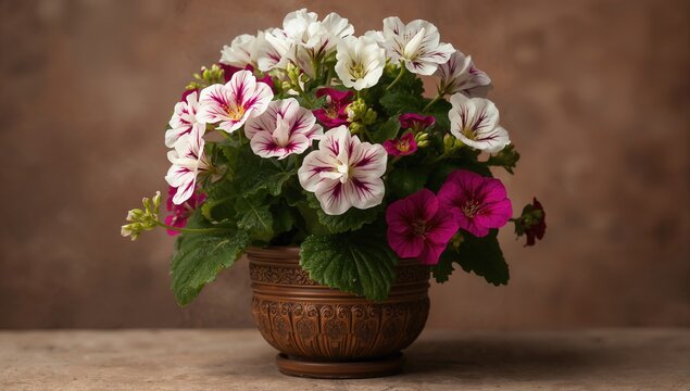 Geranium Flowers Arranged in Ornate Pot on a Simple Background