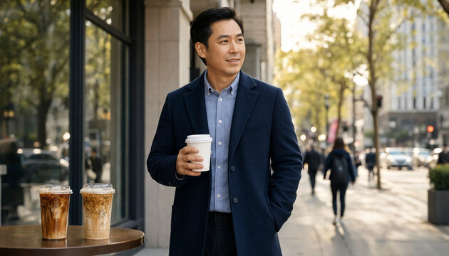 Young man walks confidently holding a takeaway coffee cup on a city sidewalk with people and trees in the background. He looks content and casually dressed for cool weather.