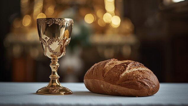 Golden chalice beside a loaf of bread on a table