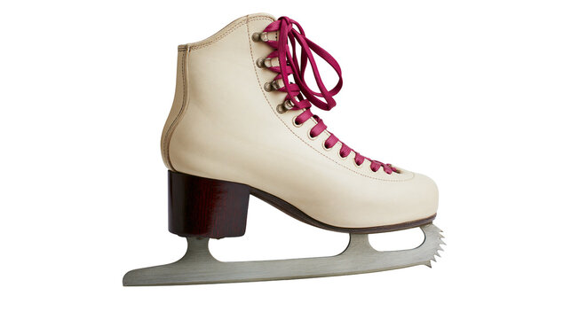 Cream leather figure skate with magenta laces and dark wood heel, isolated on transparent background