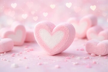 Obraz premium Pink Heart-Shaped Marshmallow on a Soft Pink Background with Candy Sprinkles