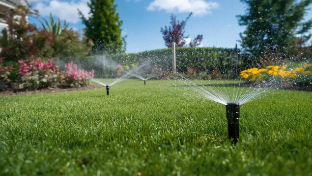 Sprinklers Watering Lush Green Lawn in Bright Sunny Garden